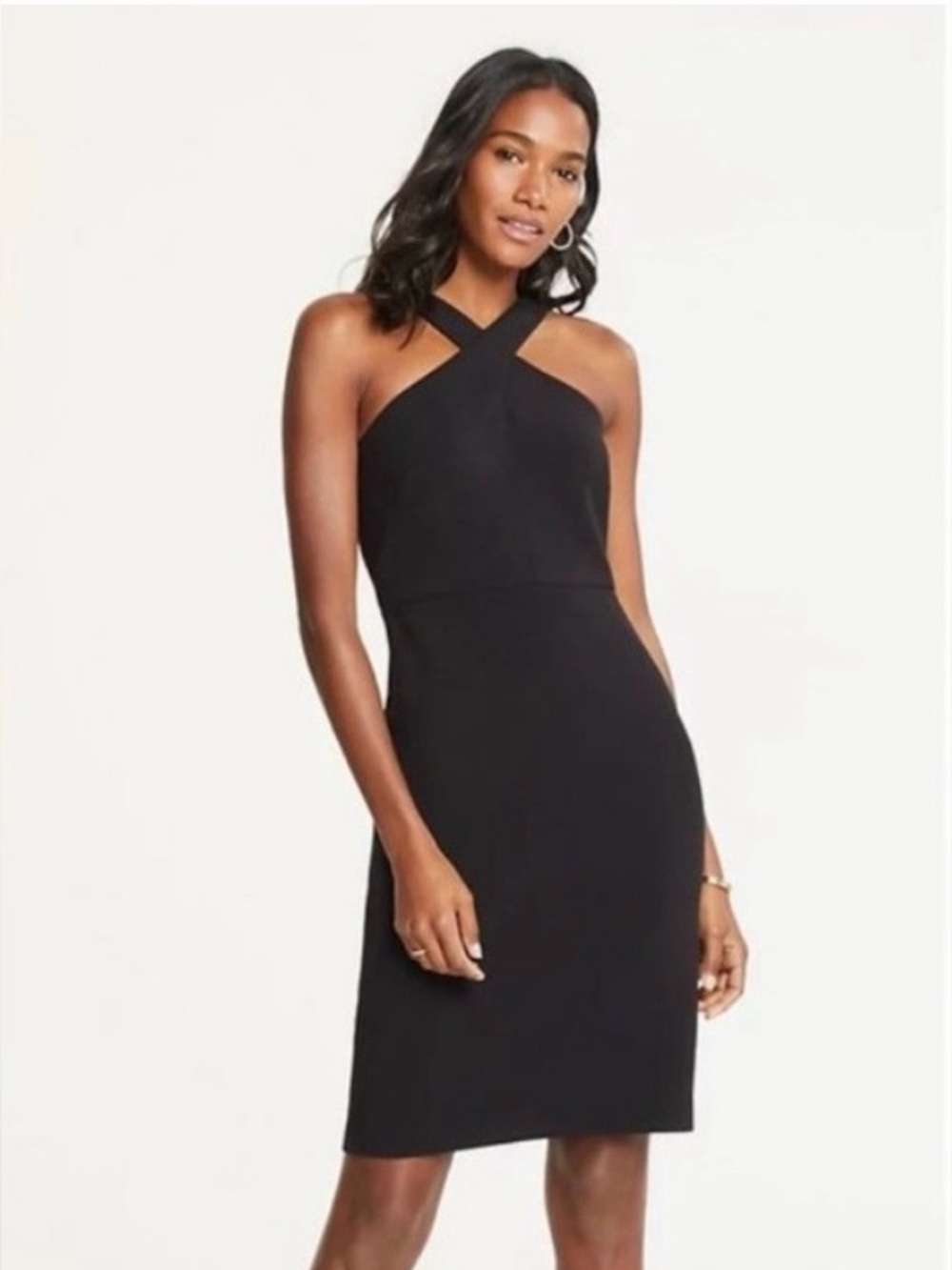 Ann Taylor NWT Black Front Cross Midi Sheath Dress Size 8